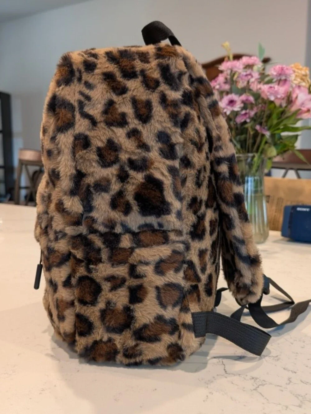 Faux Fur Leopard Print Backpack - Brown/Black